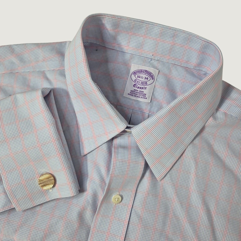 Brooks Brothers Dress Shirt Mens 16.5-34 Blue Pink Check French Cuff Non-Iron‎